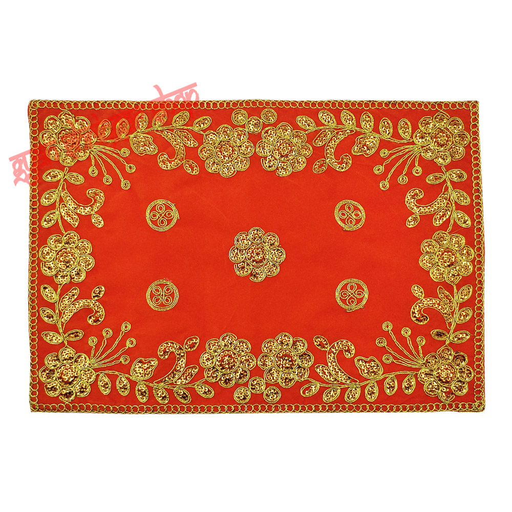Golden Embroidered Orange Color Velvet Puja Aasan