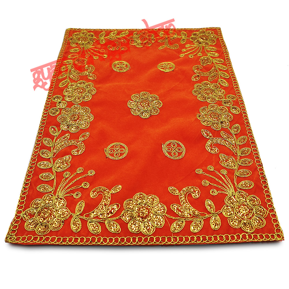 Golden Embroidered Orange Color Velvet Puja Aasan
