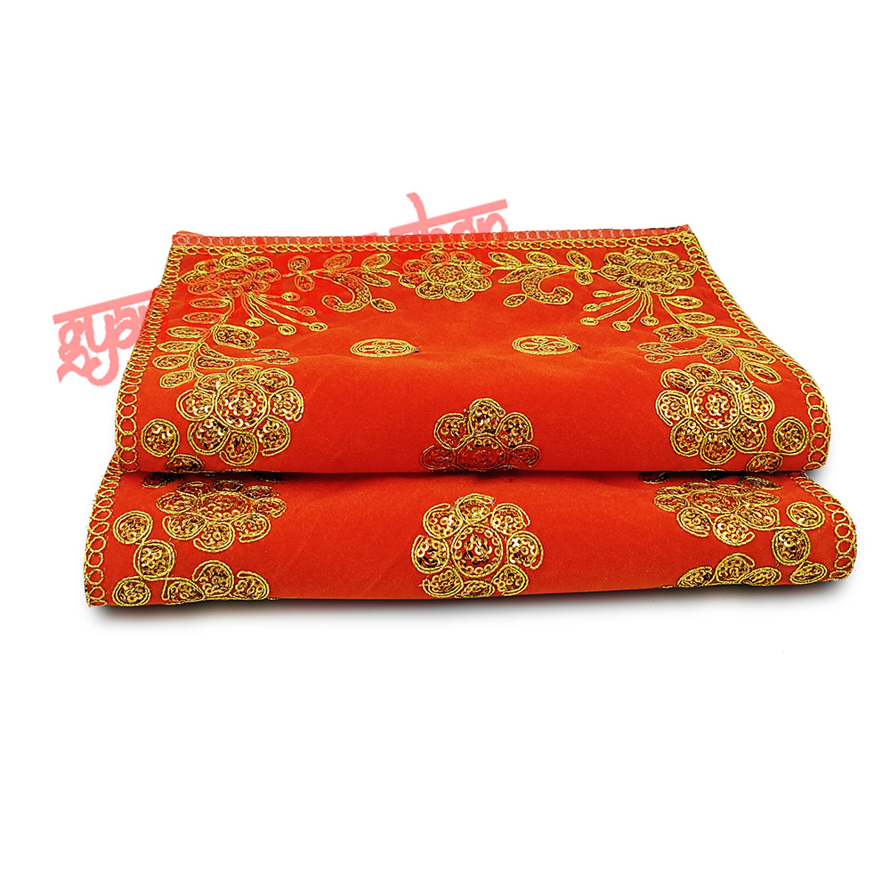 Golden Embroidered Orange Color Velvet Puja Aasan
