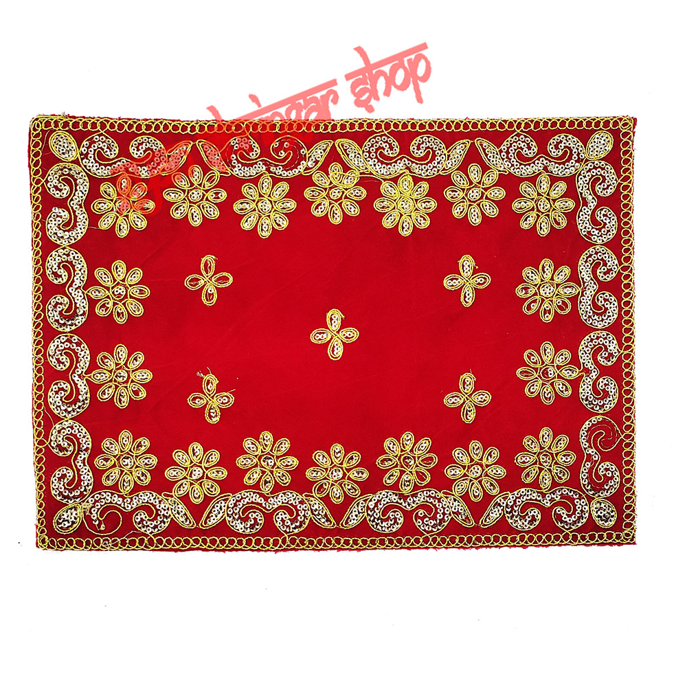 Red Velvet Puja Aasan with Floral Embroidered 