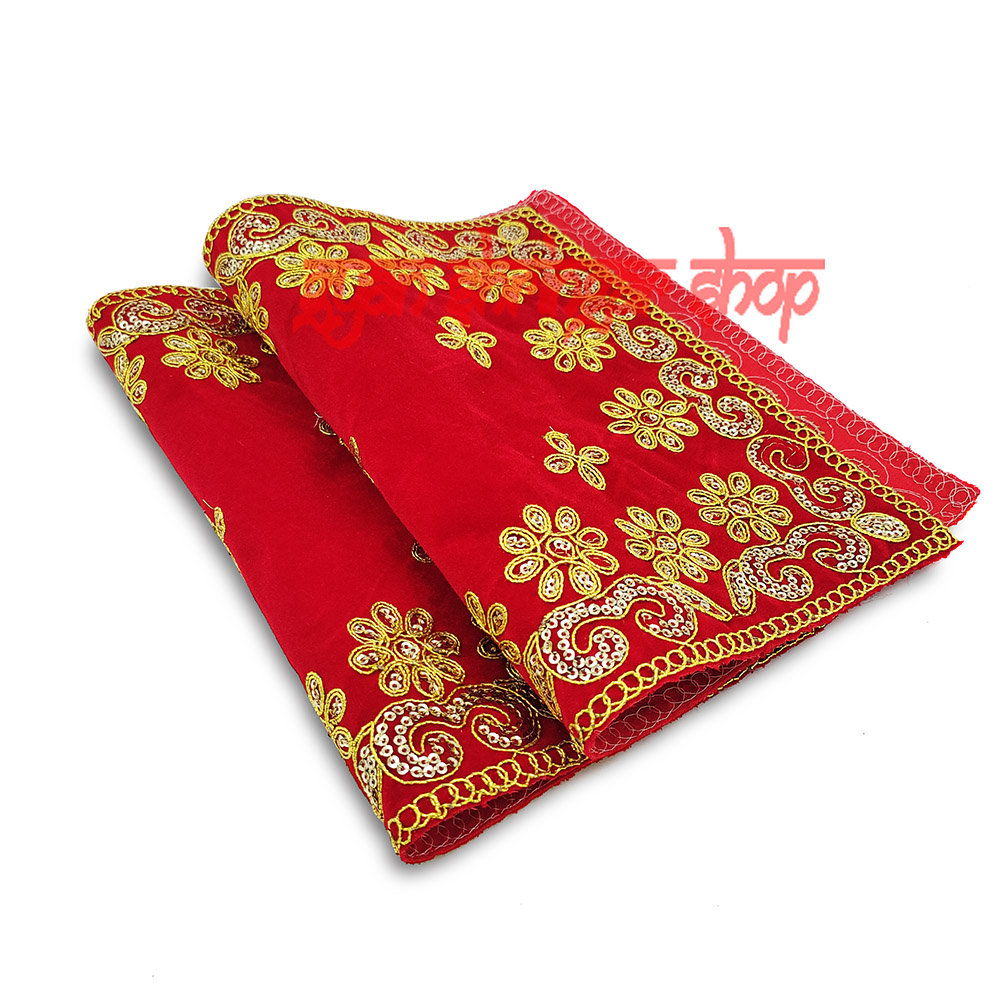 Red Velvet Puja Aasan with Floral Embroidered 