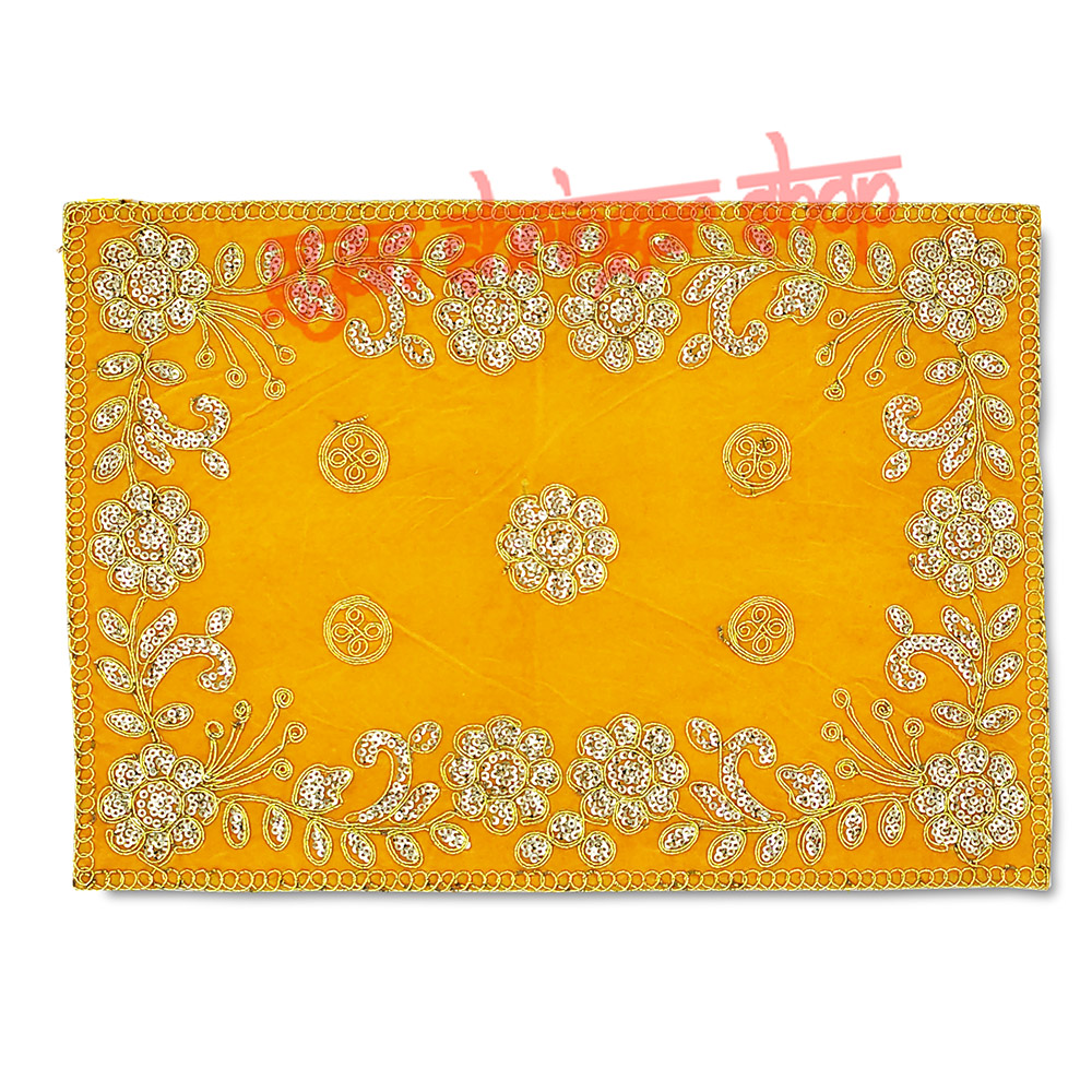 Yellow Color Velvet Puja Aasan With Golden Embroidered