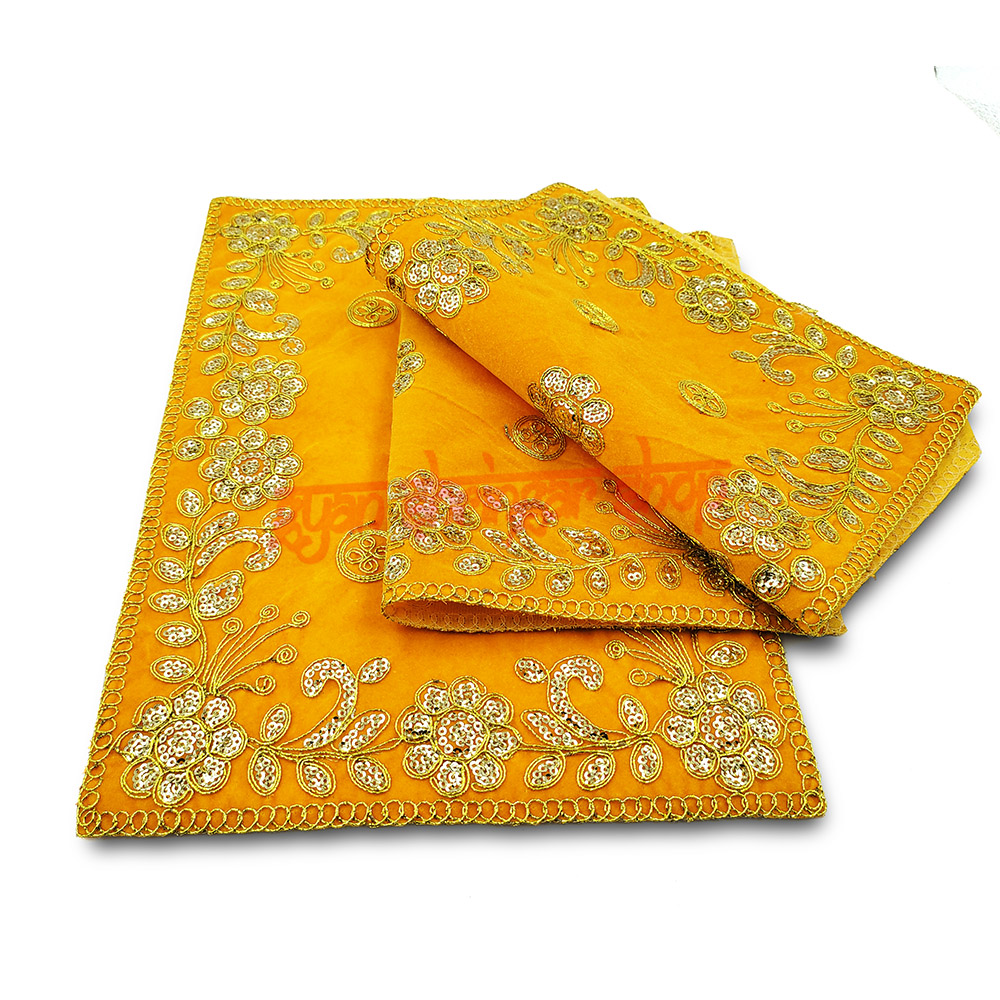Yellow Color Velvet Puja Aasan With Golden Embroidered