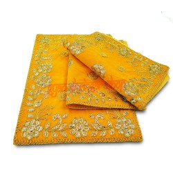 Yellow Color Velvet Puja Aasan With Golden Embroidered