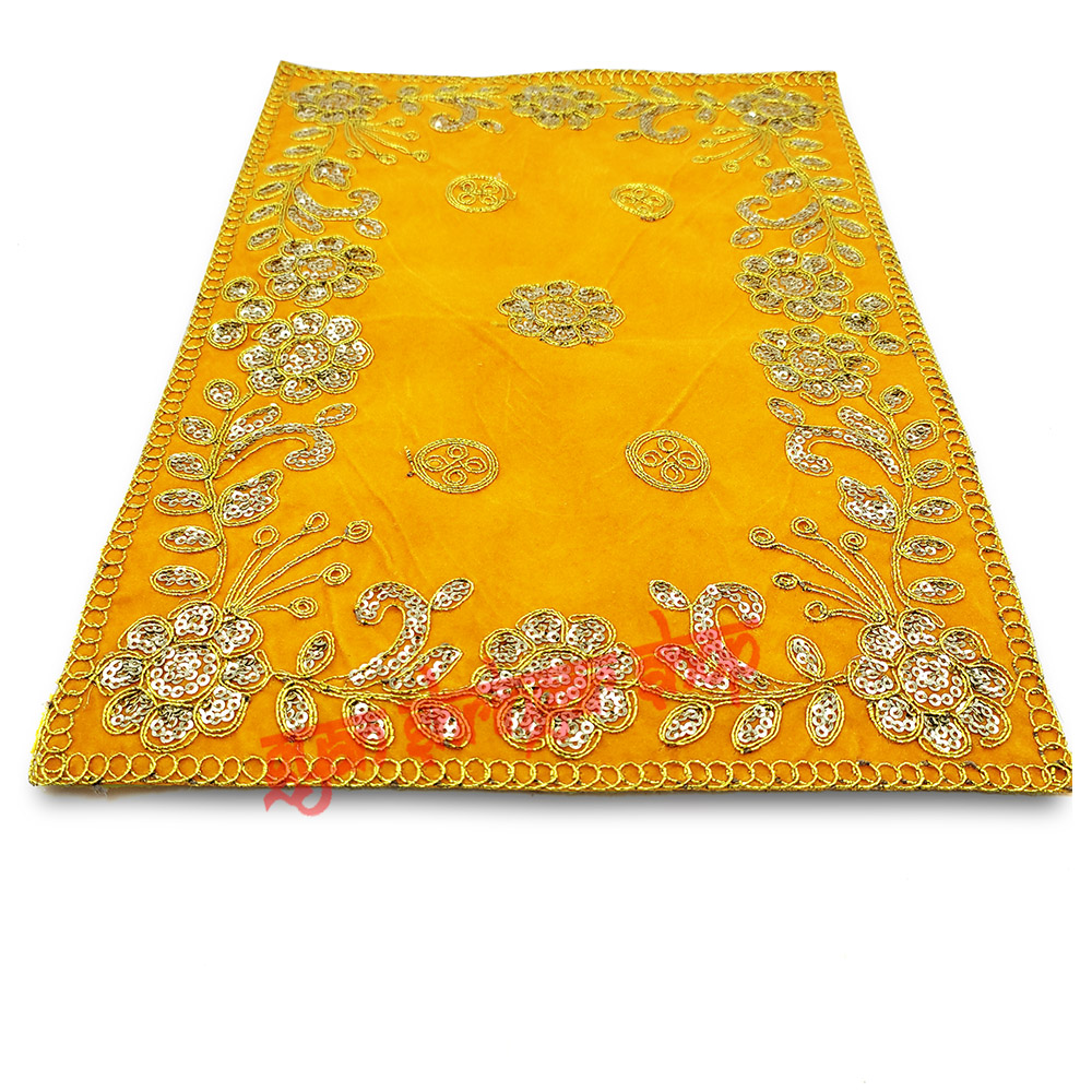 Yellow Color Velvet Puja Aasan With Golden Embroidered
