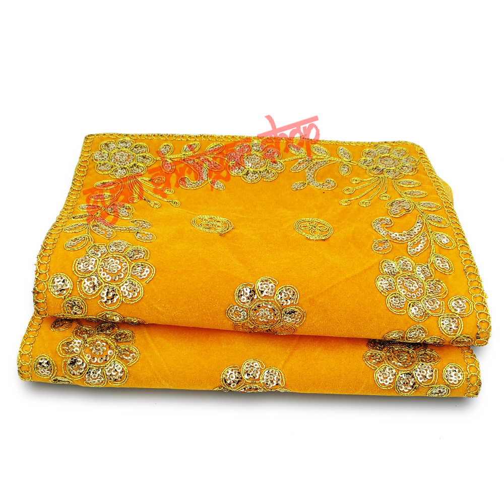 Yellow Color Velvet Puja Aasan With Golden Embroidered