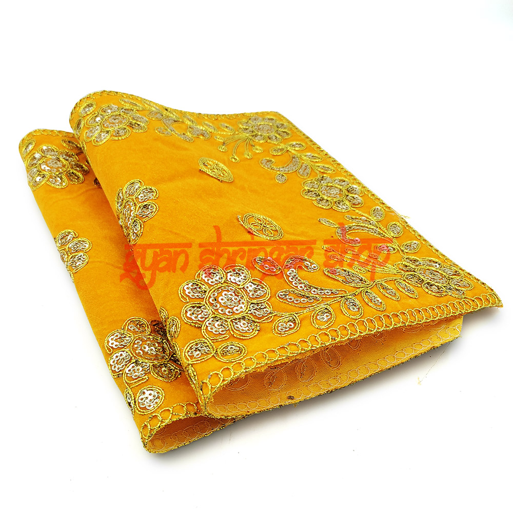 Yellow Color Velvet Puja Aasan With Golden Embroidered