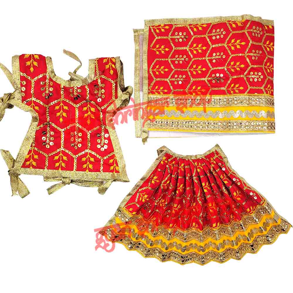Embroidered Devi Mata Choli, Lehenga & Dupatta Dress Set for Idol Shringar