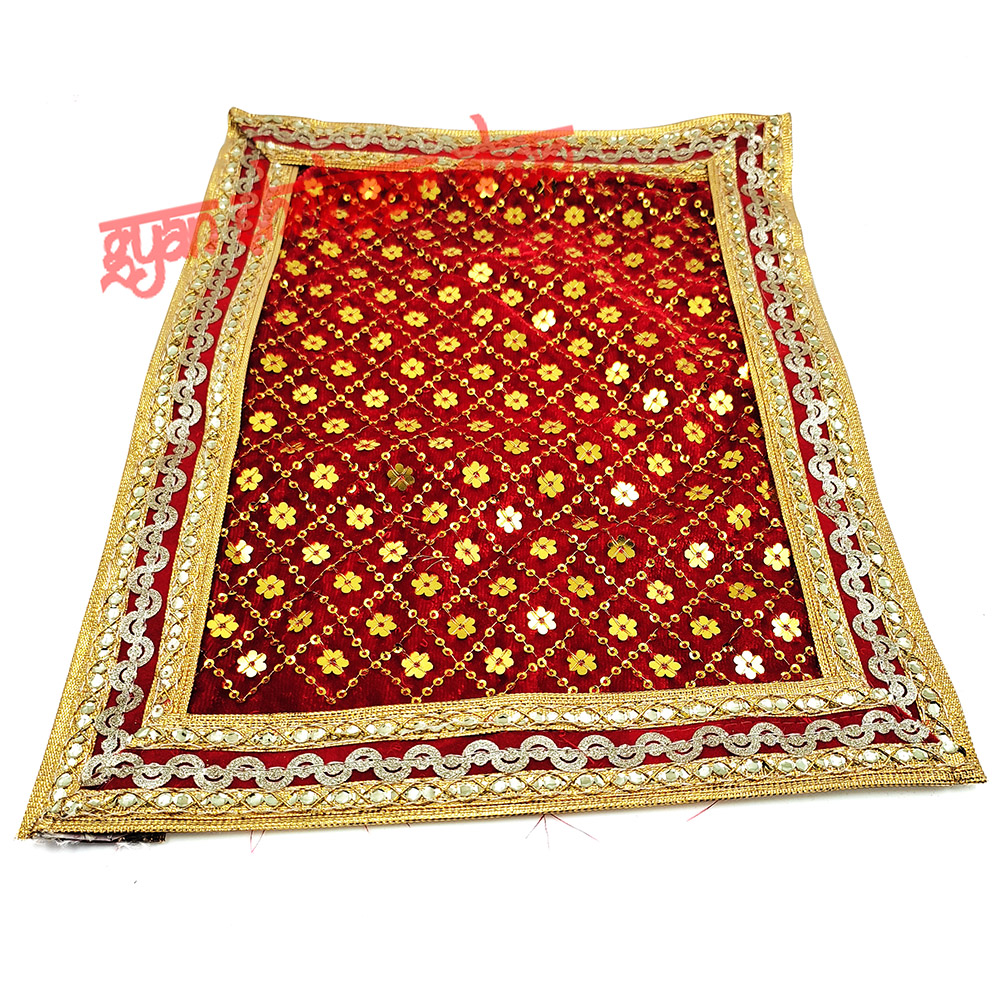 Floral Embroidered Red Velvet Pooja Aasan