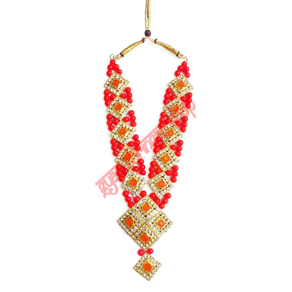 Traditional Red Pearl & Diamond Stone Haar for Idol Shringar – 9.5 Inches