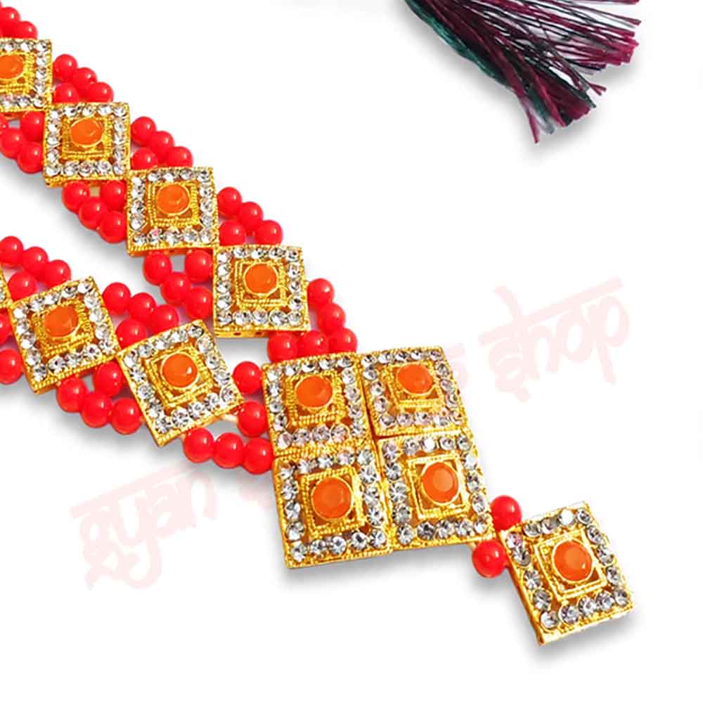 Traditional Red Pearl & Diamond Stone Haar for Idol Shringar – 9.5 Inches