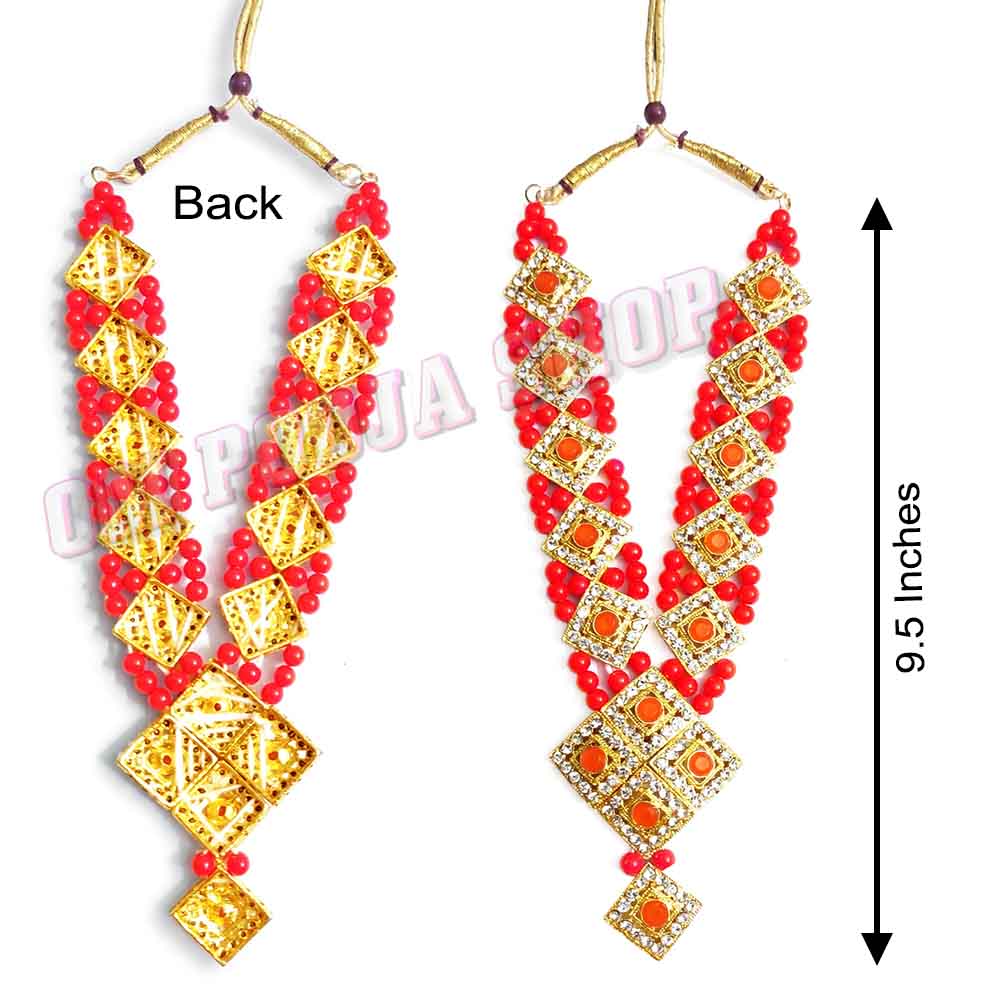 Traditional Red Pearl & Diamond Stone Haar for Idol Shringar – 9.5 Inches