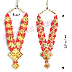 Traditional Red Pearl & Diamond Stone Haar for Idol Shringar – 9.5 Inches