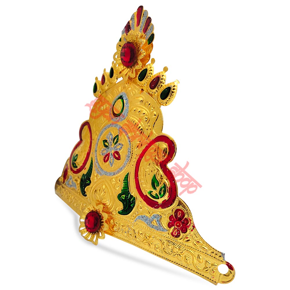 Golden God Idol Mukut with Elegant Om & Leaf Motif Design