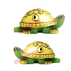 Tortoise (Turtle) Small Idol - Green Aventurine Gemstone Golden Work Single Stone Carved Tortoise with Hand Painting