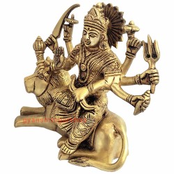Brass Statue of Mata Durga Sitting with Lion in Aashirvad Position 