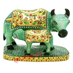 Cow and Calf Idol in Green Polyresin Cow with Calf Decorative Showpiece 