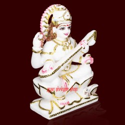 Mata Saraswati Idol in Seated on Lotus in White Marble Mata Saraswati Murti Puja For Home decor