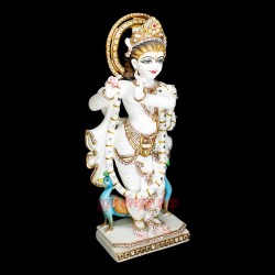 Shri Krishna Standing Big Murti in White Marble Krishna Statue for Home Office Décor Puja Room Home Temple Standing Statue for Home Vastu Decorative 