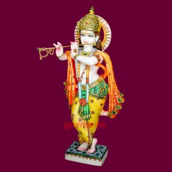 Shri Krishna Playing Flute Big Standing Pose Statue in White Marble Shri Krishna Home Decoration Spiritual Idol