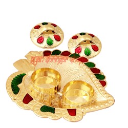 Leaf Design Haldi Kumkum Container with Meenakari Art 
